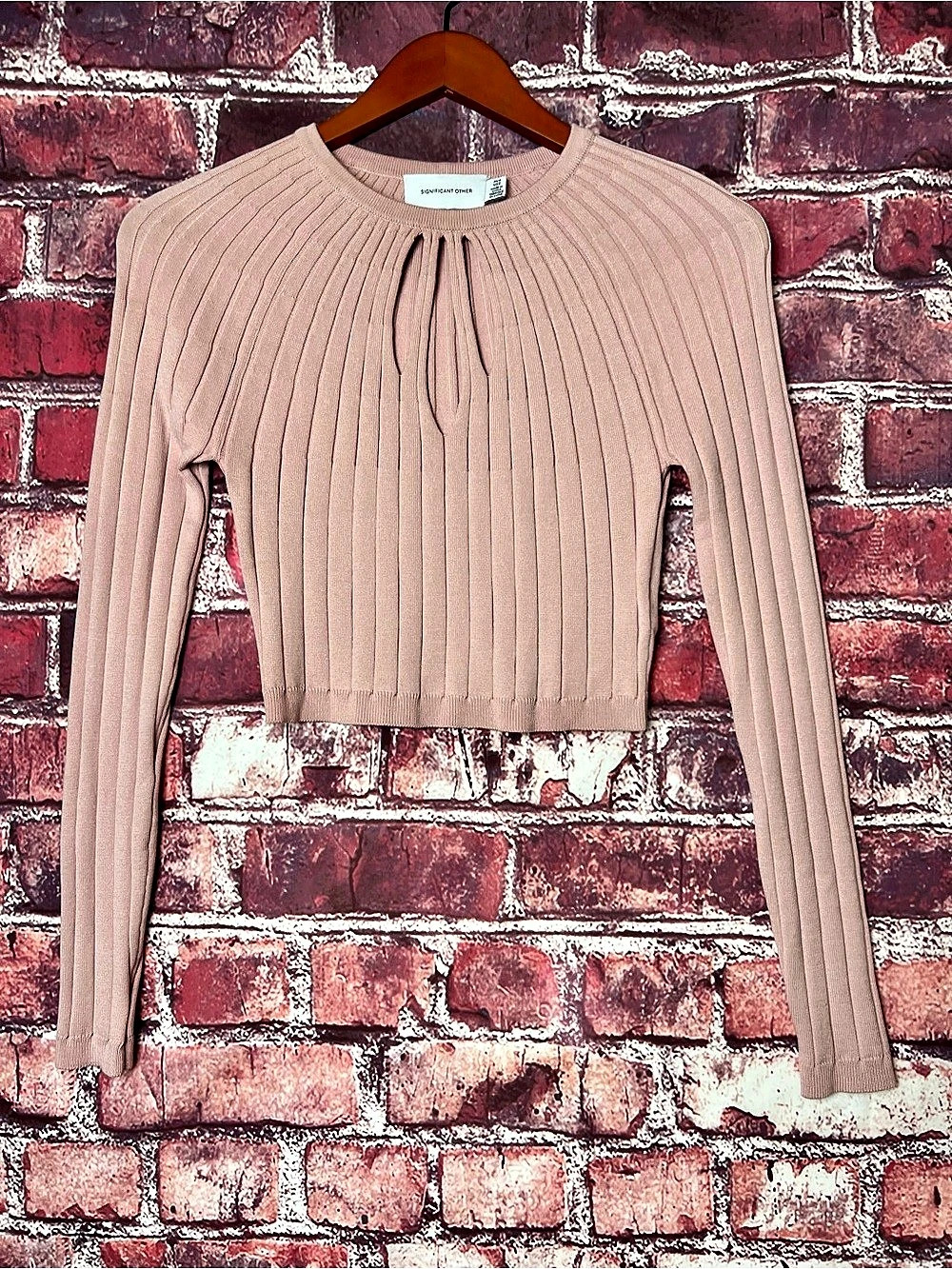 Significant Other Indigo Rib Knit Crop Top Slipper Pink Long Sleeve Cutout US 2